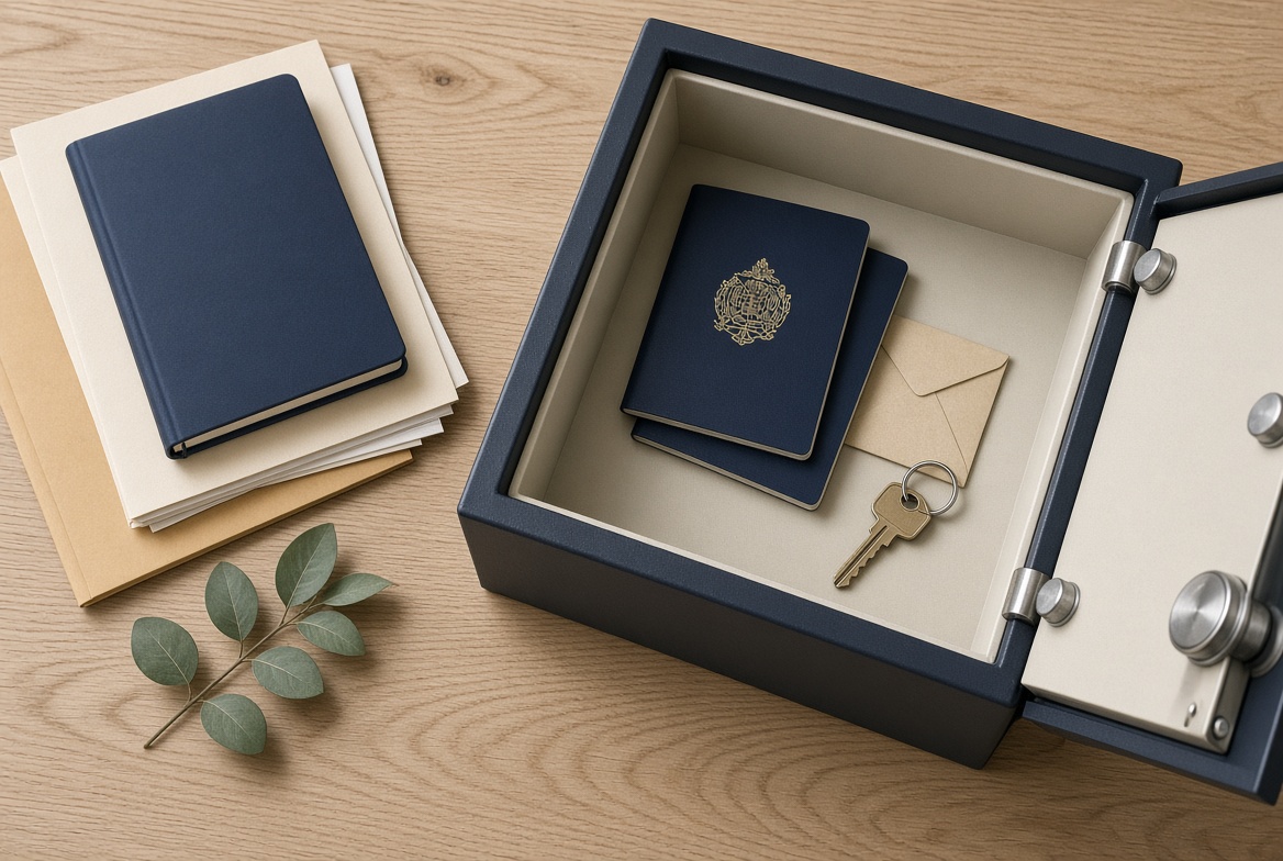 Open home safe holding closed notebooks, an envelope and a spare key