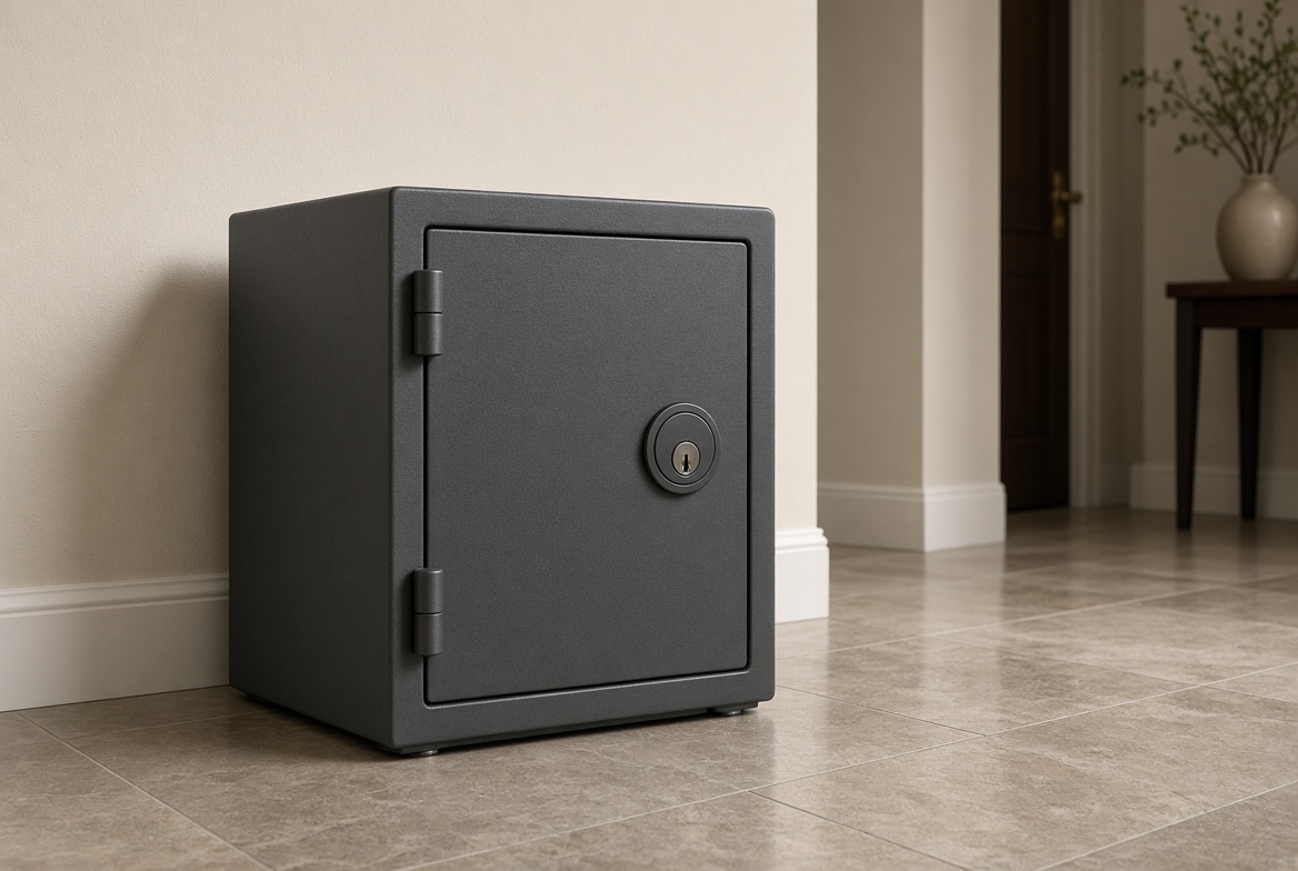 Dark mid-range home safe in a hallway