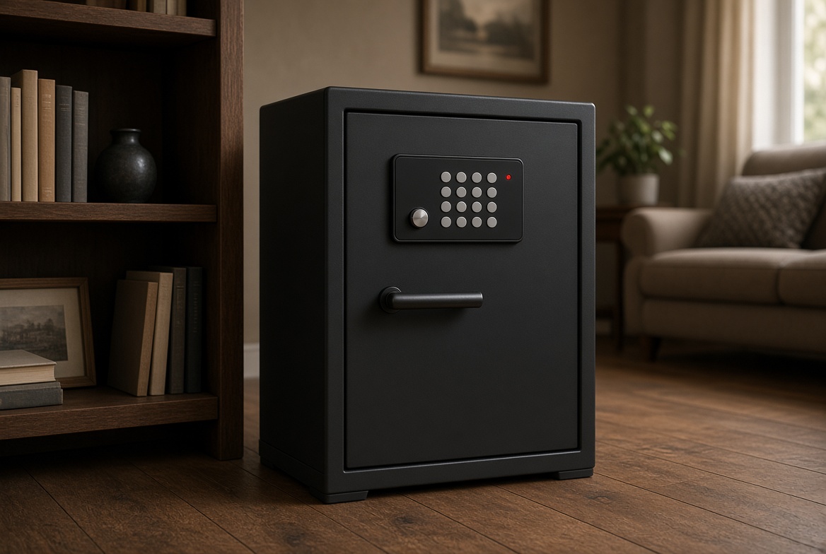 Taller black keypad safe beside a bookshelf