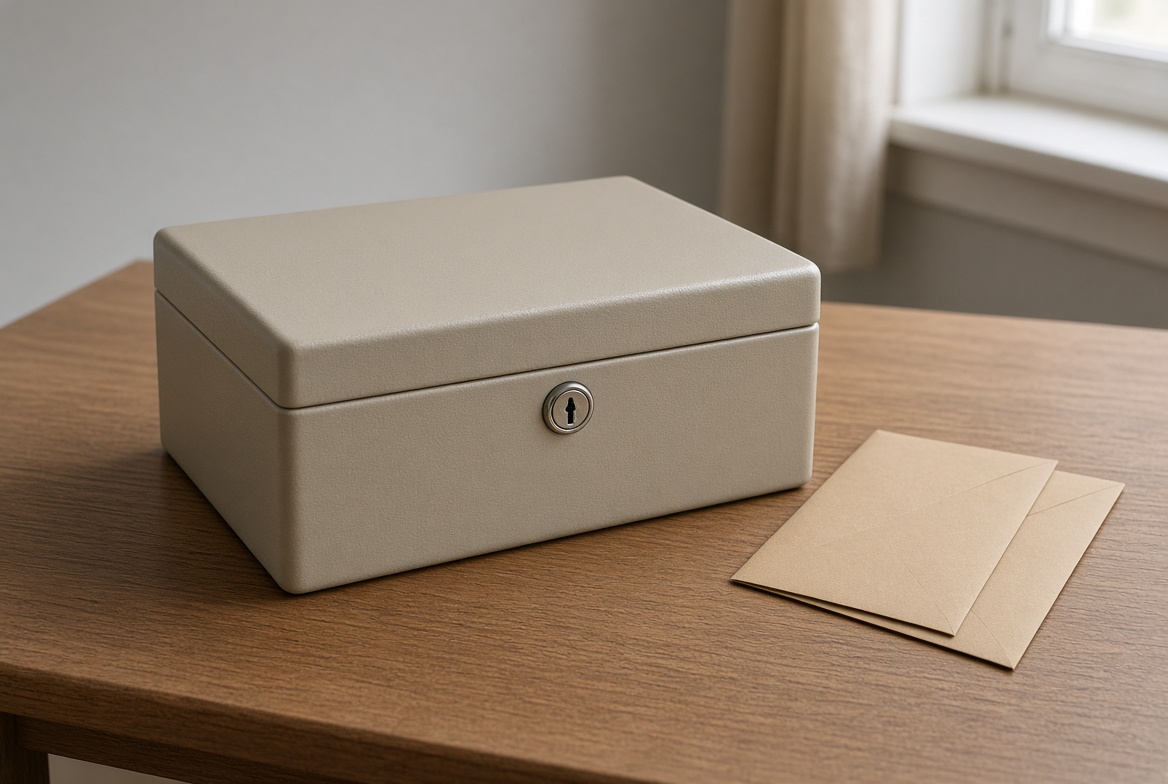 Beige metal document chest on a desk